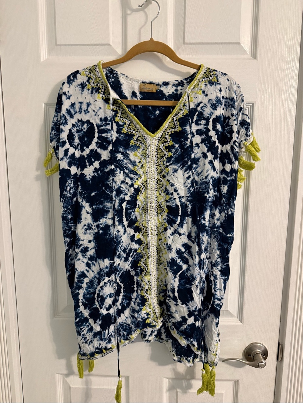 Skemo Navy and White Tie-Dye V-Neck Tunic Cover Up with Lime Trim
